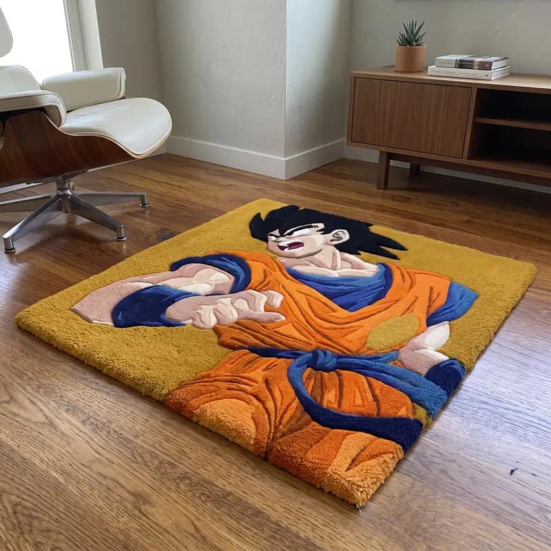 Hand-Tufted Goku Action Pose Rug – 3D Carved Dragon Ball Z Anime Area Rug
