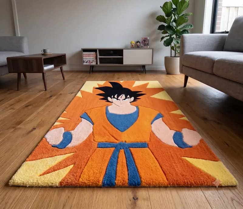 Hand-Tufted Goku Power-Up Rug – Dragon Ball Z Anime Area Rug with Explosive Aura