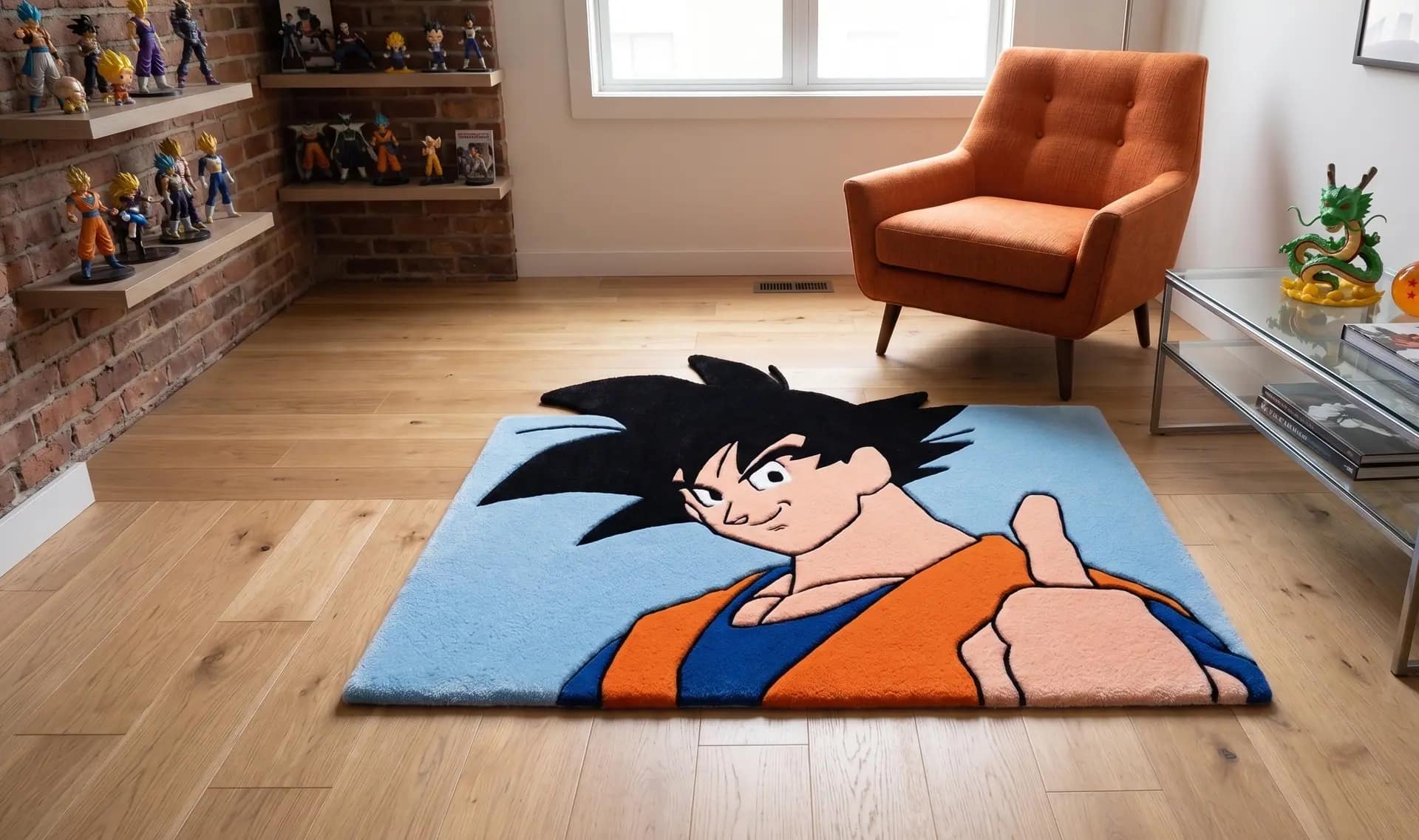 Hand-Tufted Goku Thumbs Up Rug – Custom Dragon Ball Z Anime Area Rug with Blue Sky Background