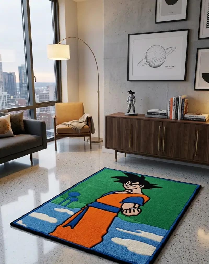 Hand-Tufted Goku Planet Namek Rug – Dragon Ball Z Anime Area Rug with Landscape Backing