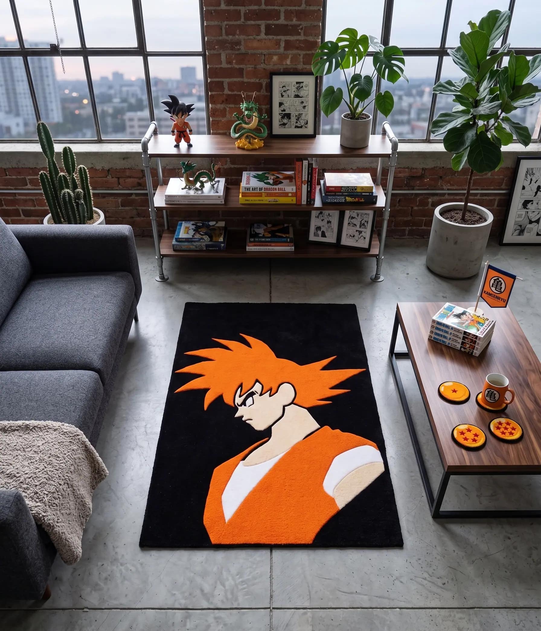 Custom Goku Fiery Silhouette Tufted Rug | Modern DBZ Gaming Room & Bedroom Accent Carpet