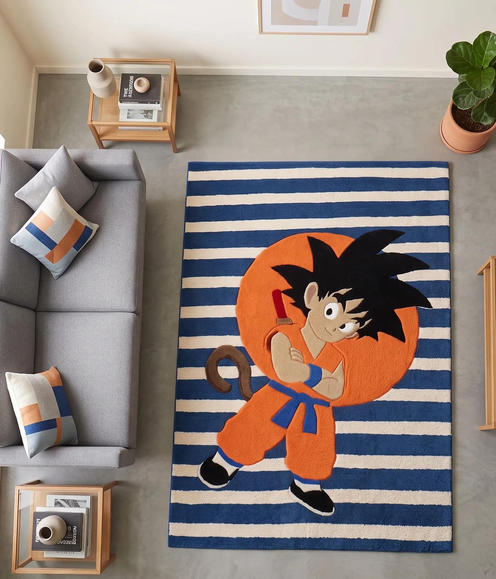 Kid Goku Power Pole Tufted Anime Rug – Striped Background Decorative Accent Carpet for Kids & Gamers