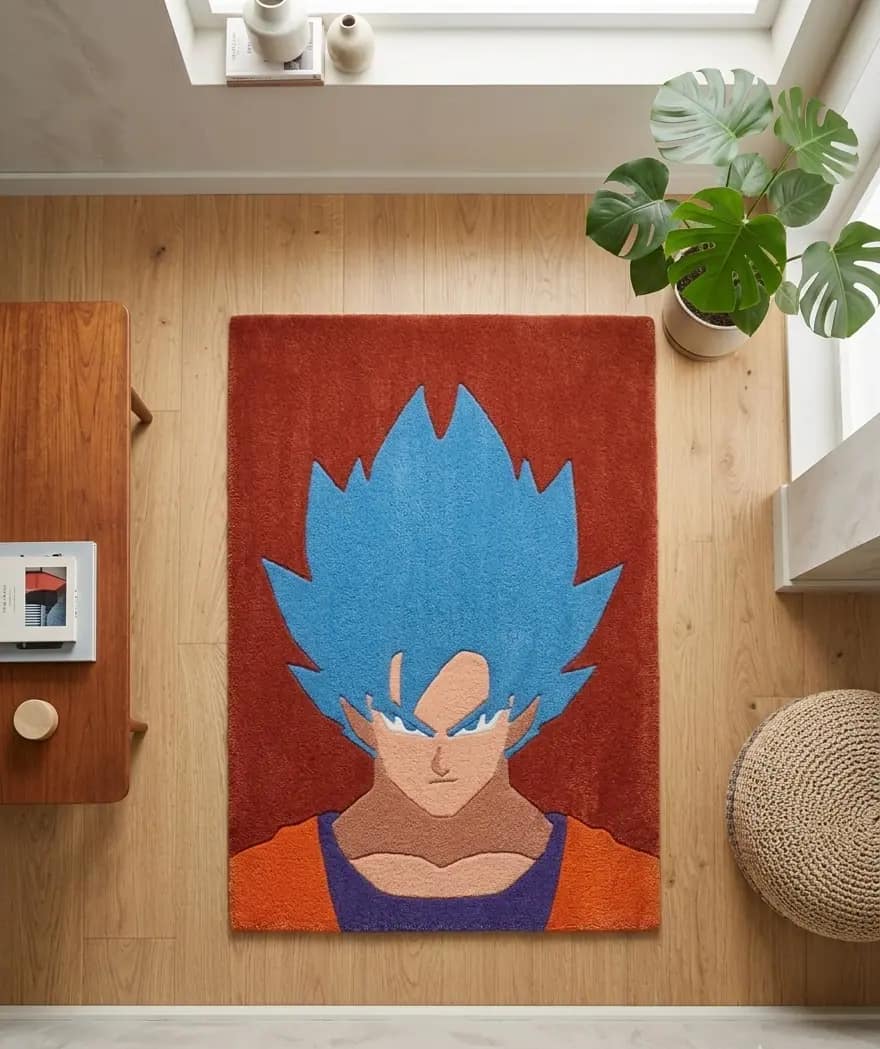 Hand-Tufted Super Saiyan Blue Goku Rug – Red Typography Dragon Ball Super Anime Area Rug for Gaming Room
