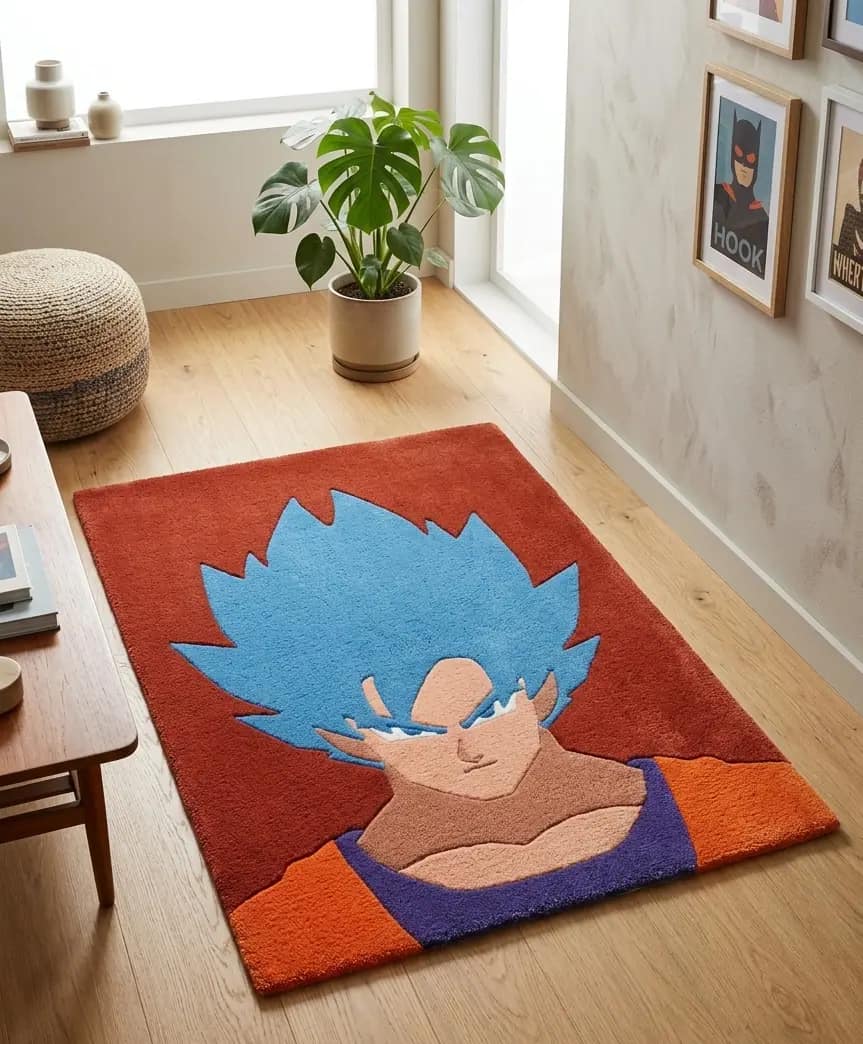 Hand-Tufted Super Saiyan Blue Goku Rug – Red Typography Dragon Ball Super Anime Area Rug for Gaming Room