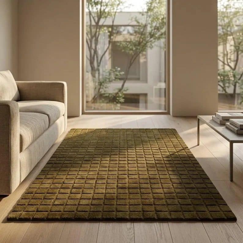 Green Grid Pattern Carved Rug