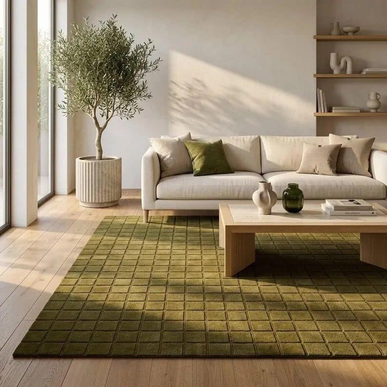  Green Grid Pattern Carved Rug