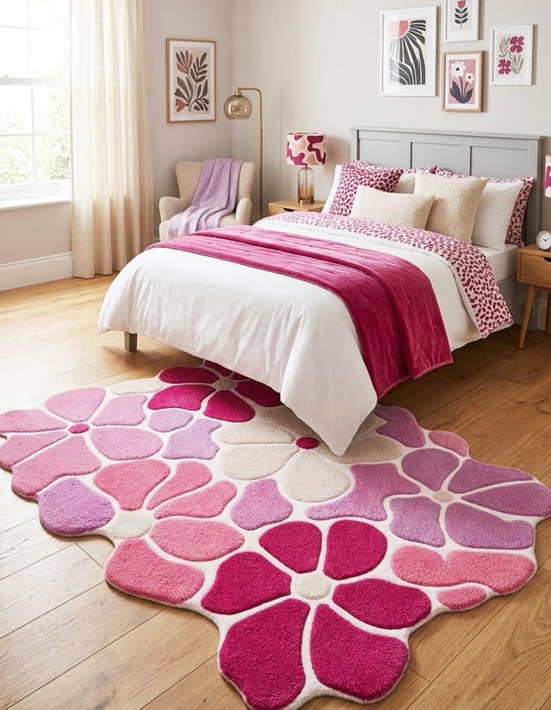 Pastel Lavender Flower 5x8 Rug | Hand Tufted Daisy Wool Carpet | Boho Nursery Accent