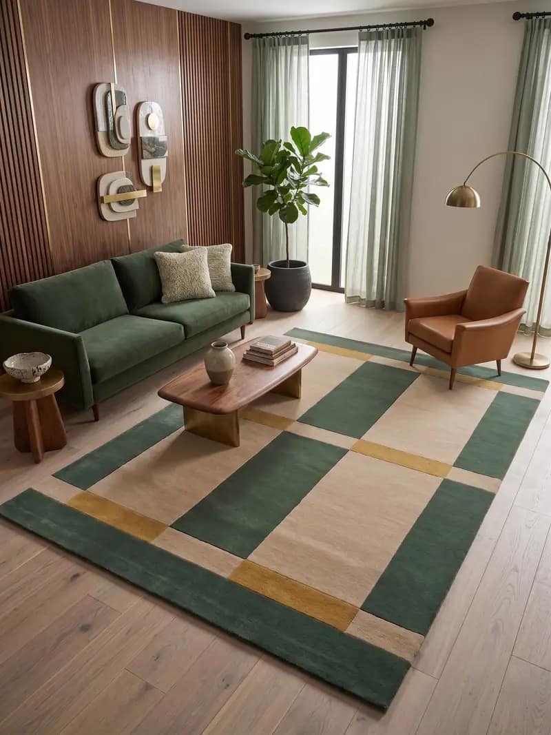 Modern Geometric Grid Area Rug - Forest Green, Beige & Ochre