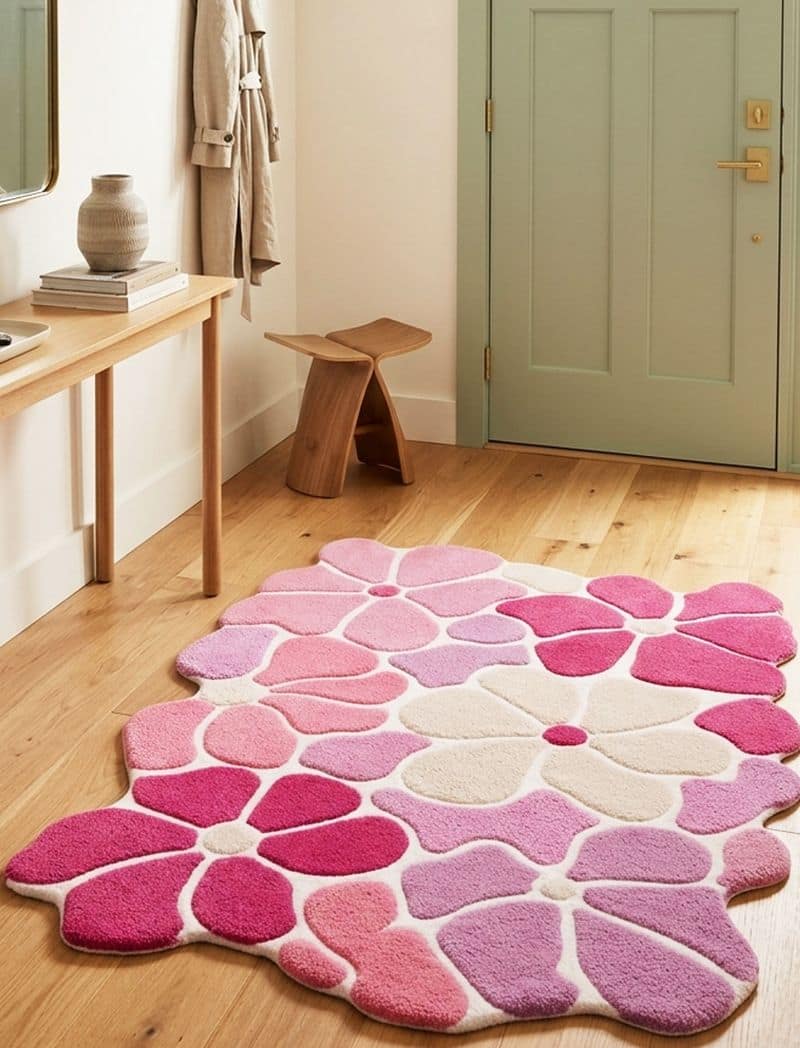 Pastel Lavender Flower 5x8 Rug | Hand Tufted Daisy Wool Carpet | Boho Nursery Accent