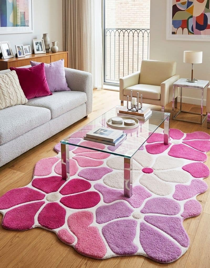 Pastel Lavender Flower 5x8 Rug | Hand Tufted Daisy Wool Carpet | Boho Nursery Accent