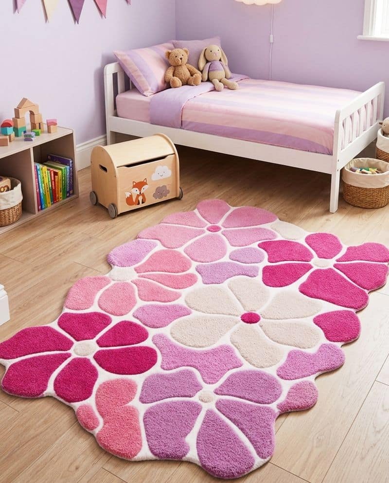 Pastel Lavender Flower 5x8 Rug | Hand Tufted Daisy Wool Carpet | Boho Nursery Accent