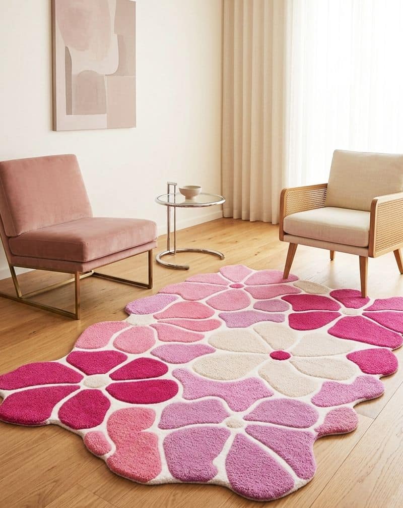 Pastel Lavender Flower 5x8 Rug | Hand Tufted Daisy Wool Carpet | Boho Nursery Accent
