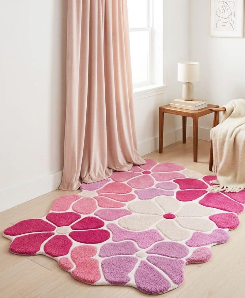 Pastel Lavender Flower 5x8 Rug | Hand Tufted Daisy Wool Carpet | Boho Nursery Accent