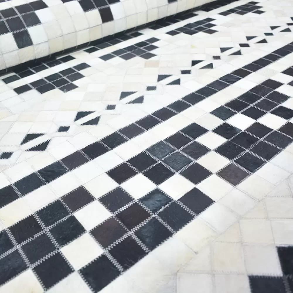 Black White Fusion Grid Leather Handmade Rug For Living Room