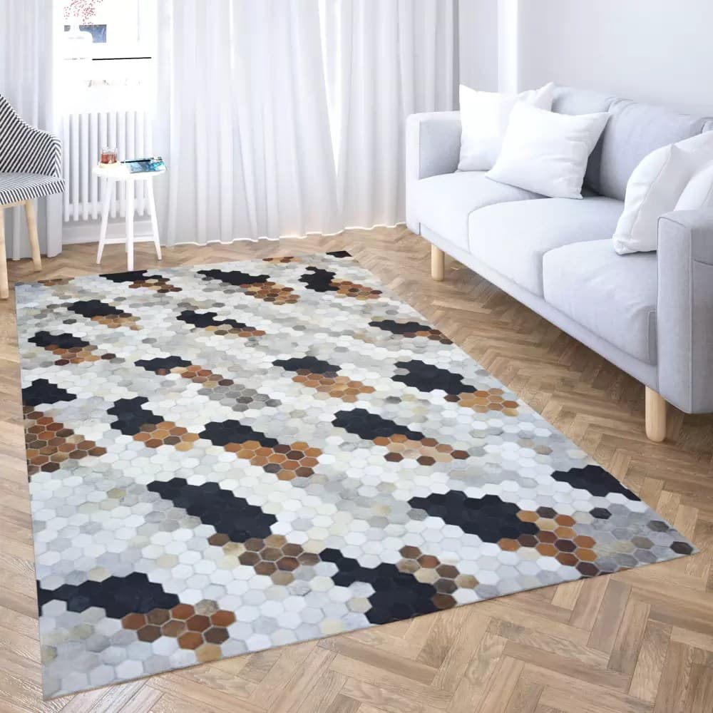Natural Leather Hive Mosaic Handmade Rug For Living Room