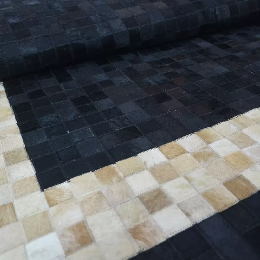 Black Geometric Square Patchwork Leather Handmade Rug