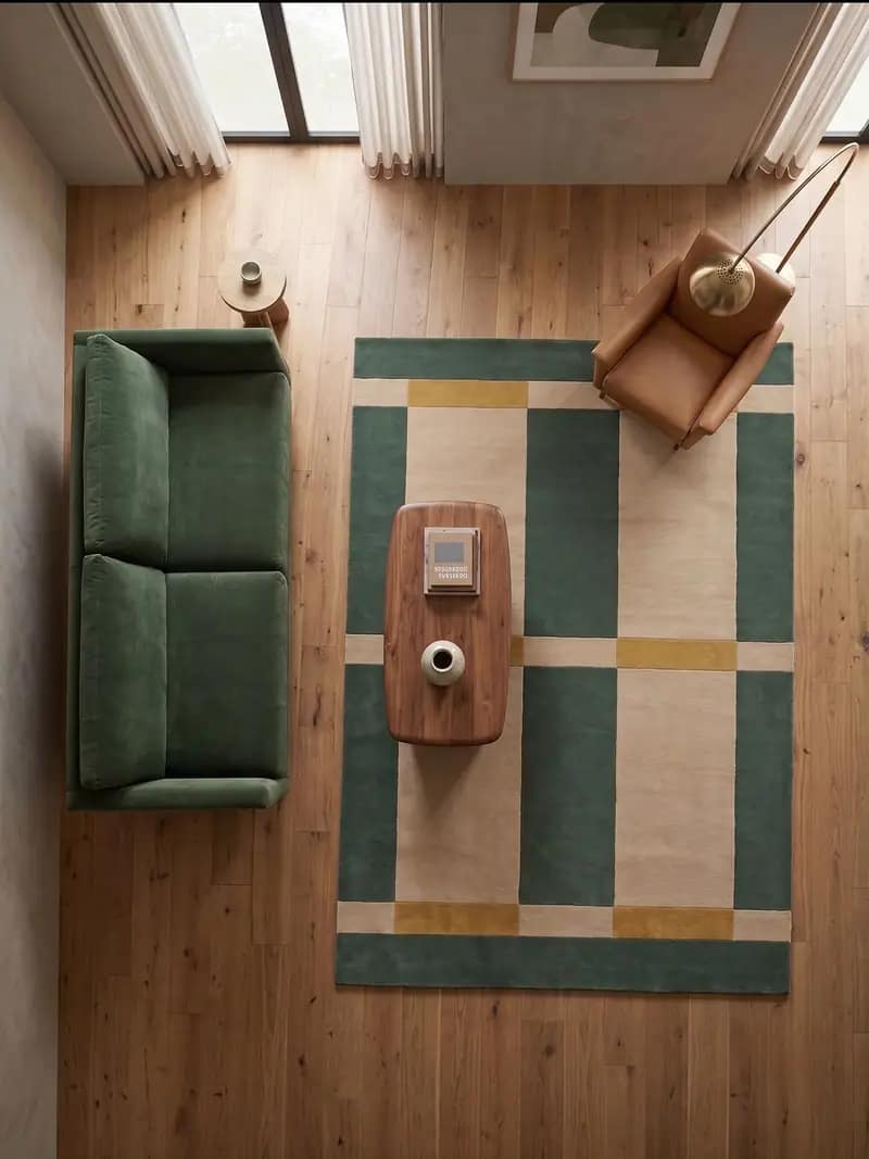 Modern Geometric Grid Area Rug - Forest Green, Beige & Ochre