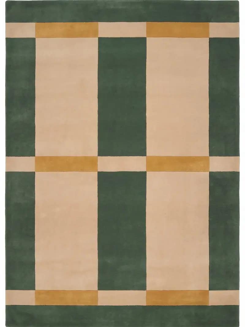 Modern Geometric Grid Area Rug - Forest Green, Beige & Ochre