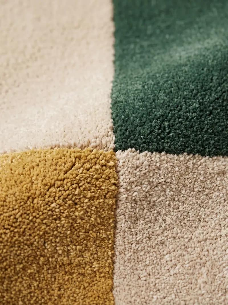 Modern Geometric Grid Area Rug - Forest Green, Beige & Ochre