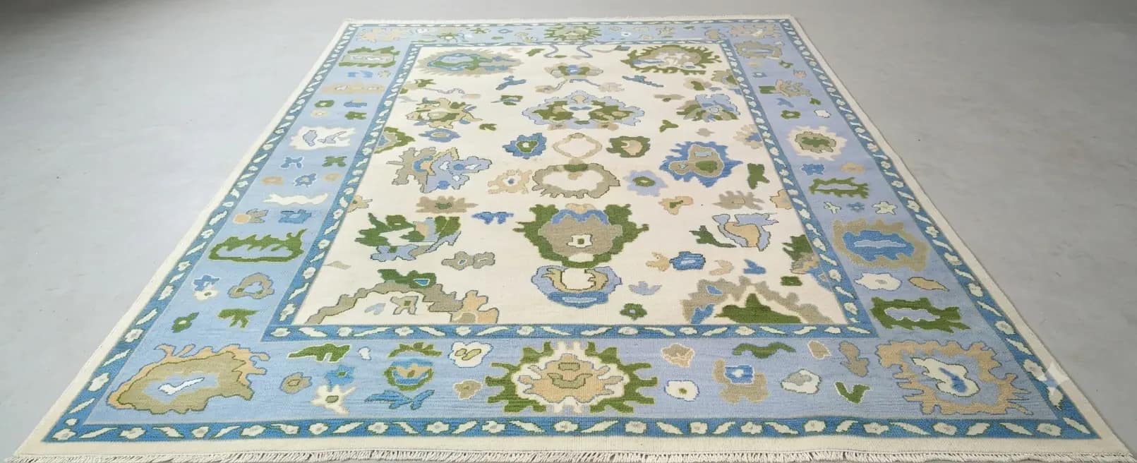 Beige & Turquoise Blue Hand Knotted Oushak Wool Rug - Hand Woven Rug for Bedroom, Living Room and Dining Space