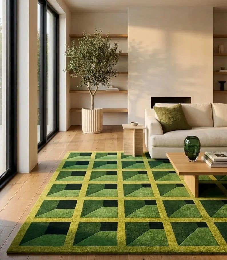 Green Grid Pattern Rug