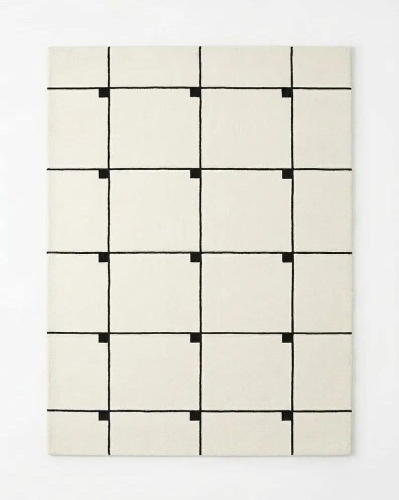 White Black Grid Pattern Rug