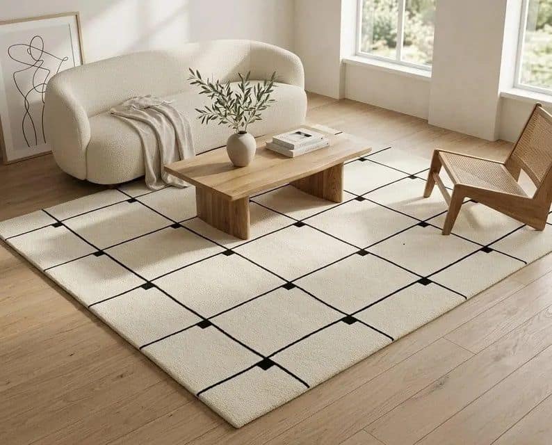 White Black Grid Pattern Rug