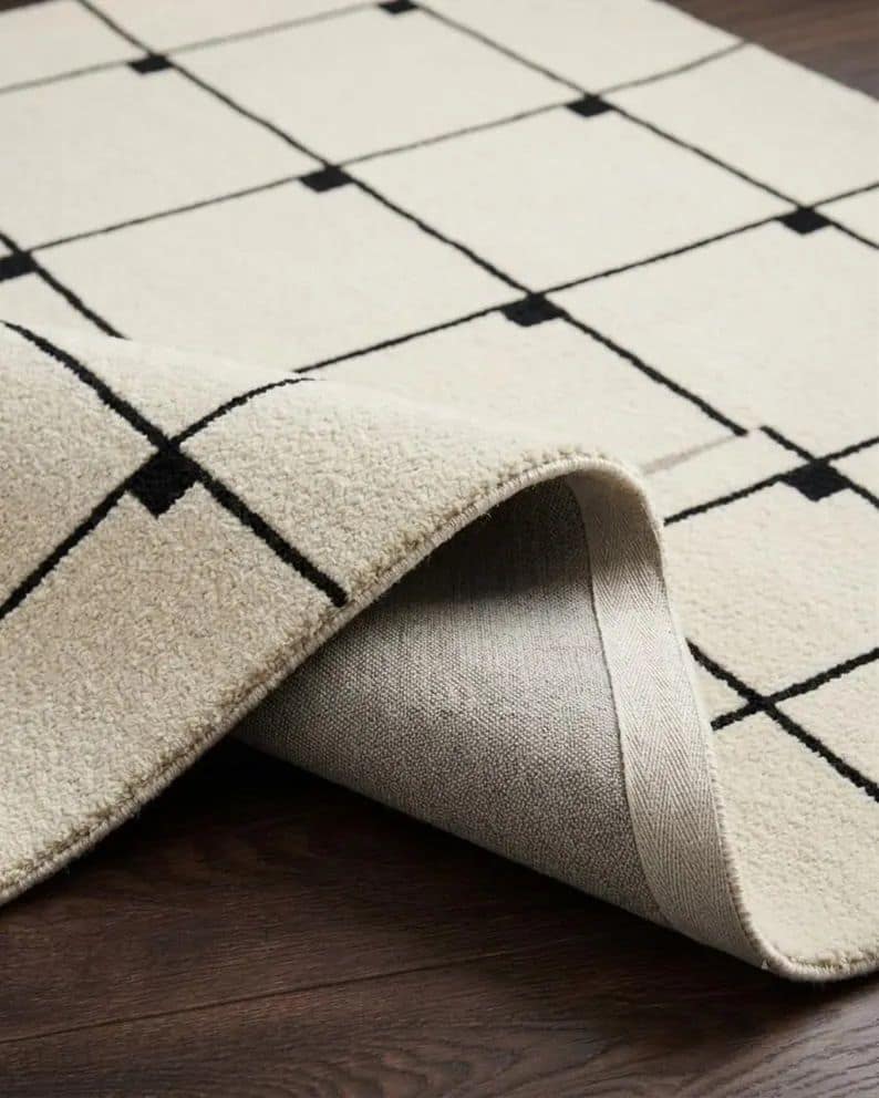White Black Grid Pattern Rug