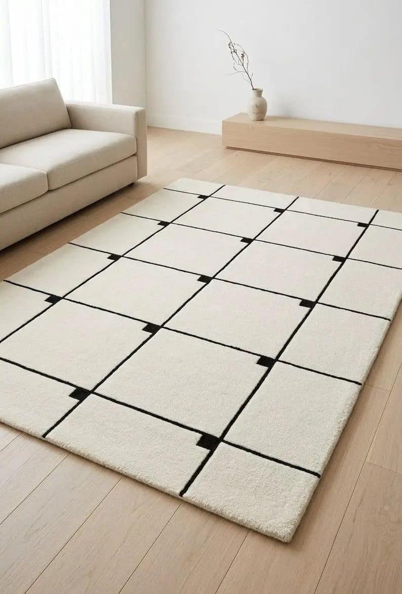 White Black Grid Pattern Rug