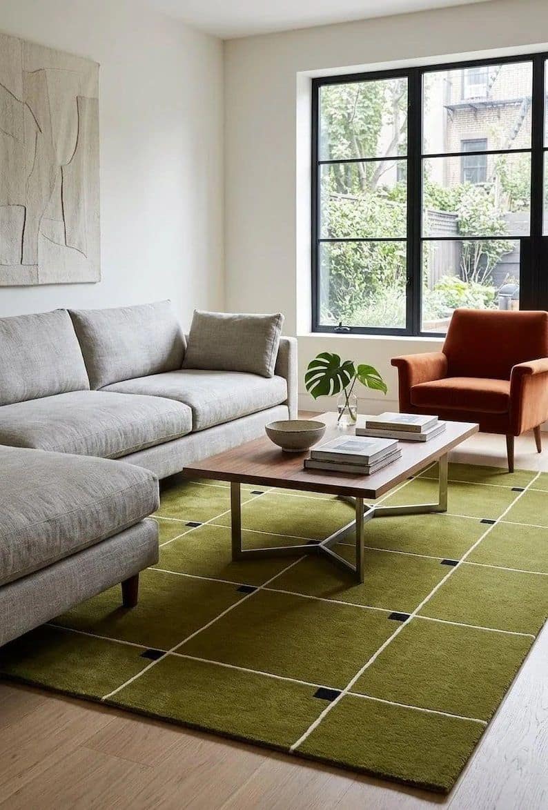 Grid Pattern Green Tufted Rug