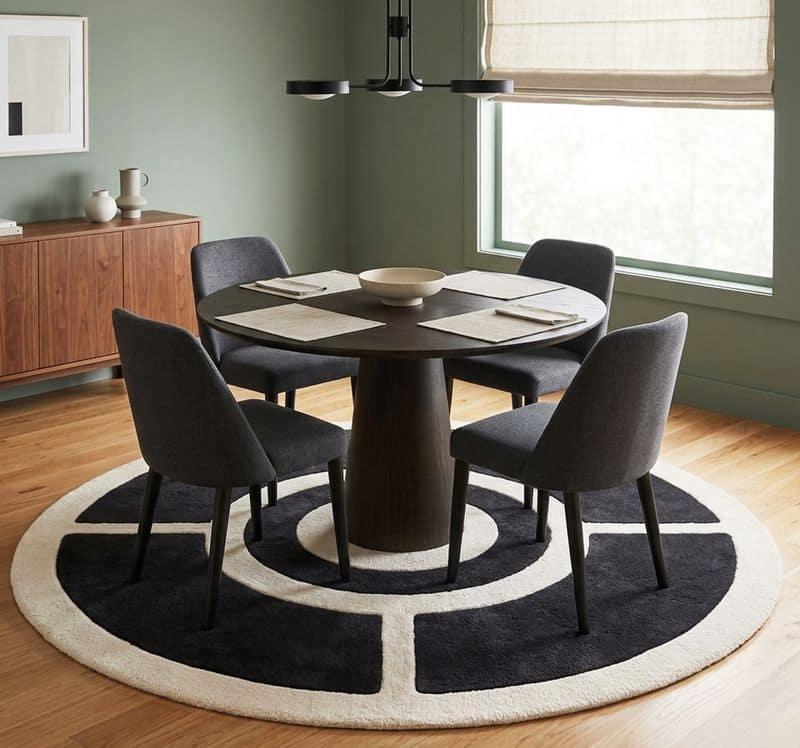 Contemporary Circular Hand Tufted Geometric 6x9 Rug | Black Ivory Modern Living Room Carpet