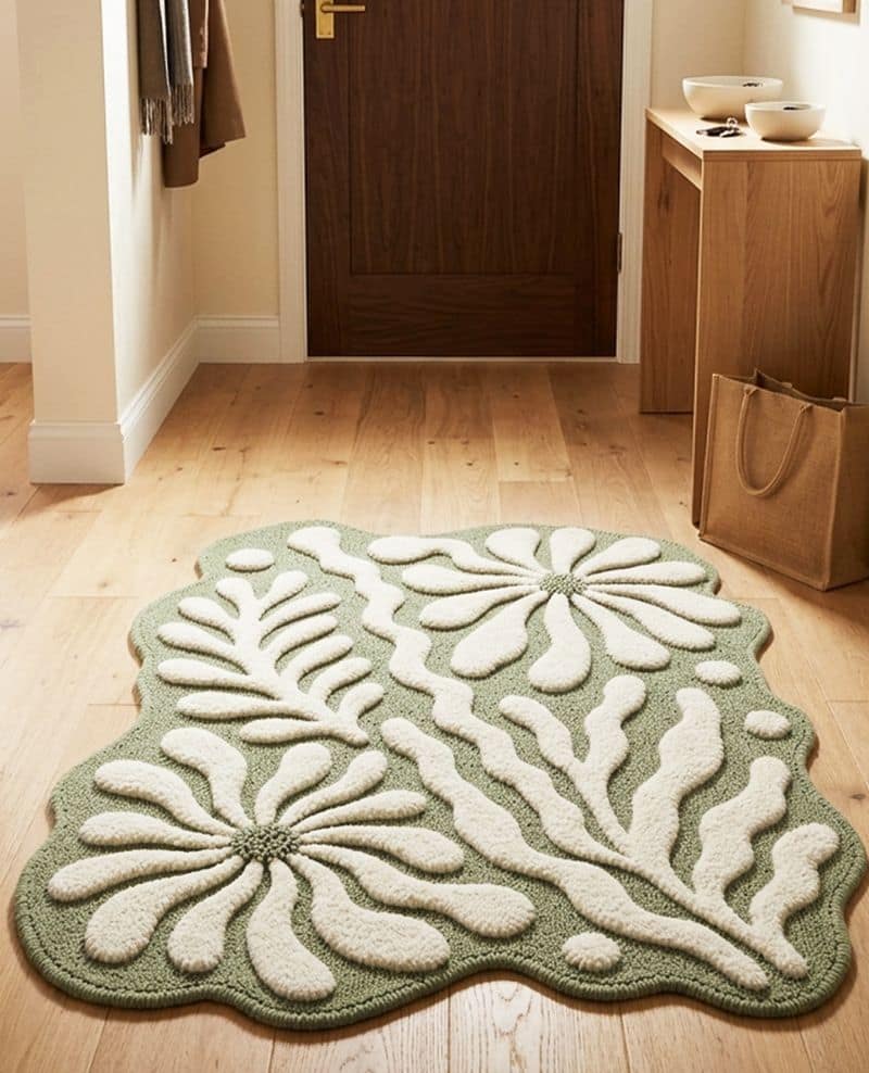 Irregular Sage Green Hand Tufted Rug | Abstract Botanical Wool Carpet | Scandinavian Organic Shape