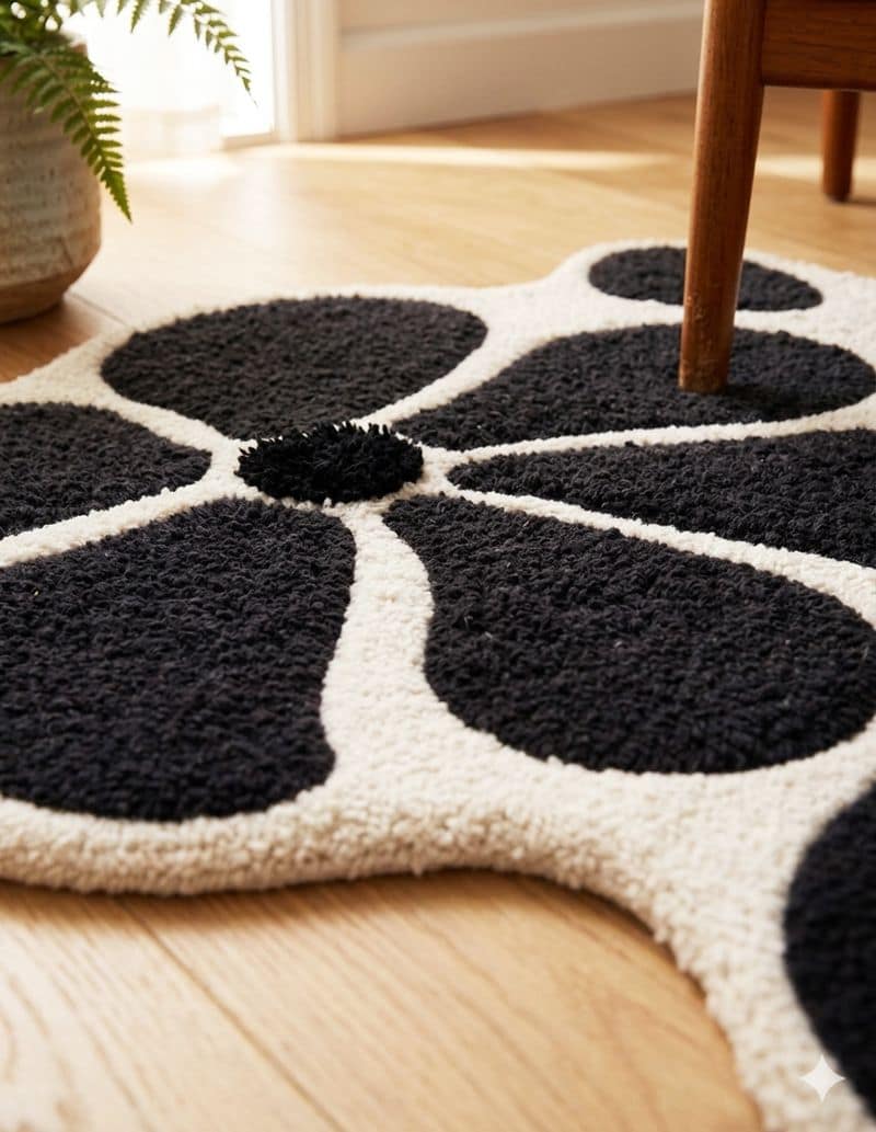 Handtufted Uneven Abstract Floral Living Decor Rug | Black White Scandinavian Plush Carpet 6x9