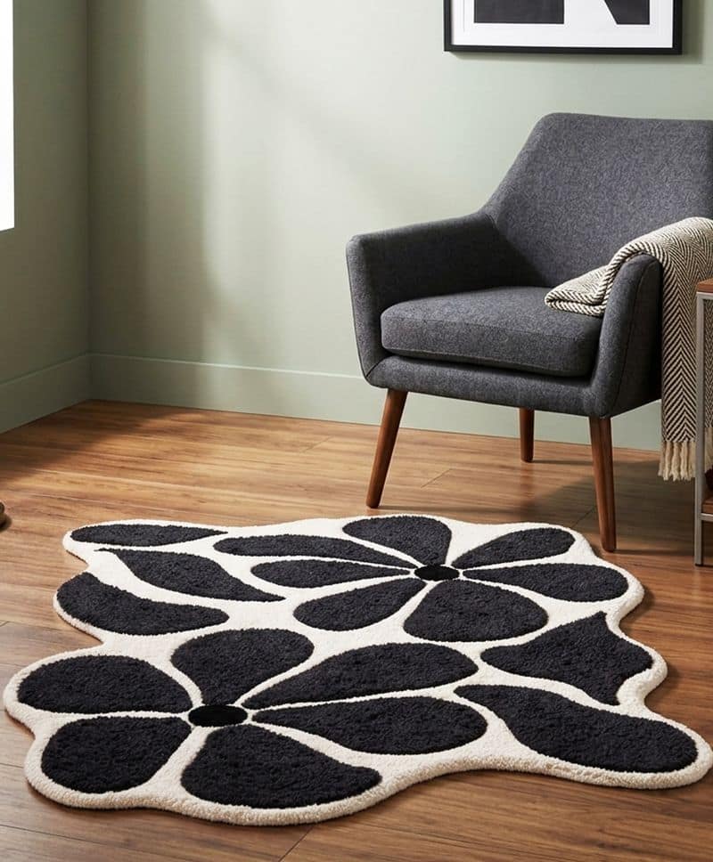 Handtufted Uneven Abstract Floral Living Decor Rug | Black White Scandinavian Plush Carpet 6x9