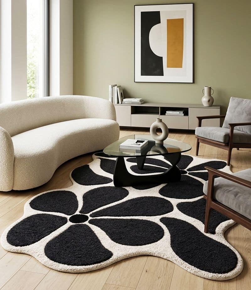 Handtufted Uneven Abstract Floral Living Decor Rug | Black White Scandinavian Plush Carpet 6x9
