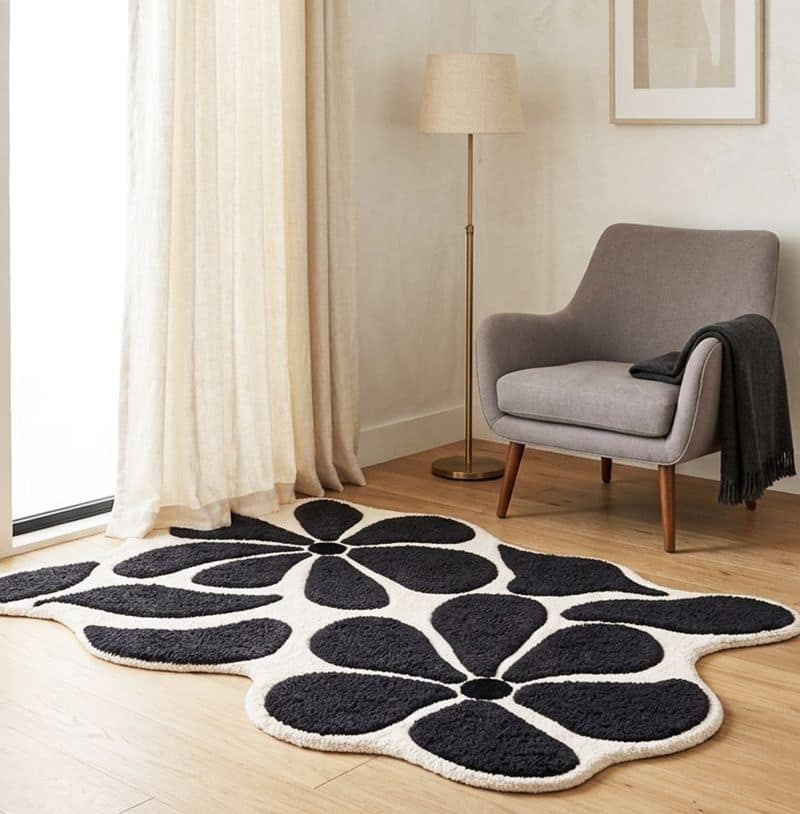 Handtufted Uneven Abstract Floral Living Decor Rug | Black White Scandinavian Plush Carpet 6x9