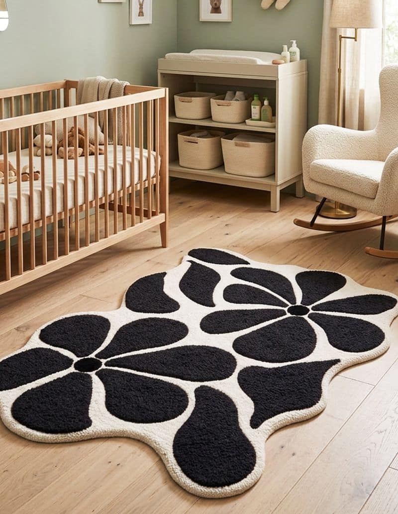 Handtufted Uneven Abstract Floral Living Decor Rug | Black White Scandinavian Plush Carpet 6x9
