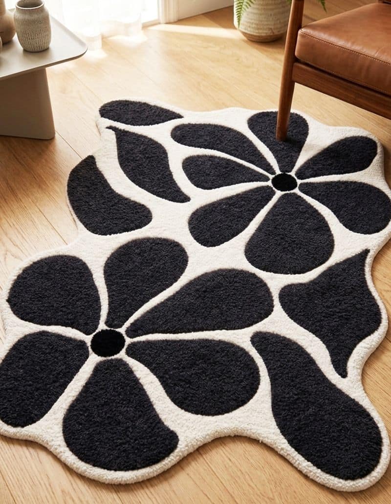 Handtufted Uneven Abstract Floral Living Decor Rug | Black White Scandinavian Plush Carpet 6x9