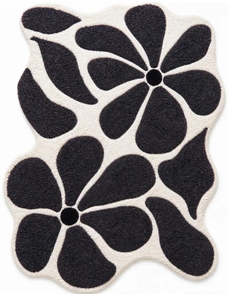 Handtufted Uneven Abstract Floral Living Decor Rug | Black White Scandinavian Plush Carpet 6x9