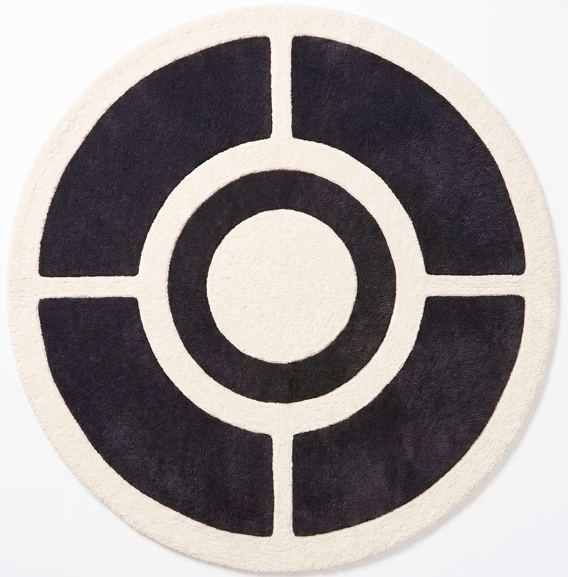 Contemporary Circular Hand Tufted Geometric 6x9 Rug | Black Ivory Modern Living Room Carpet