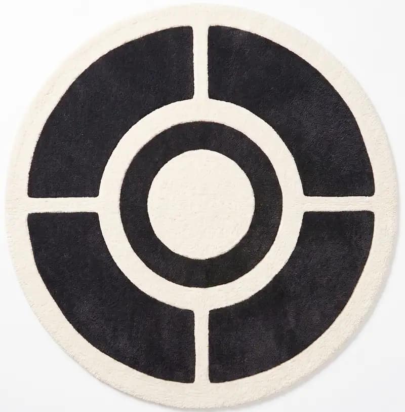 Contemporary Circular Hand Tufted Geometric 6x9 Rug | Black Ivory Modern Living Room Carpet