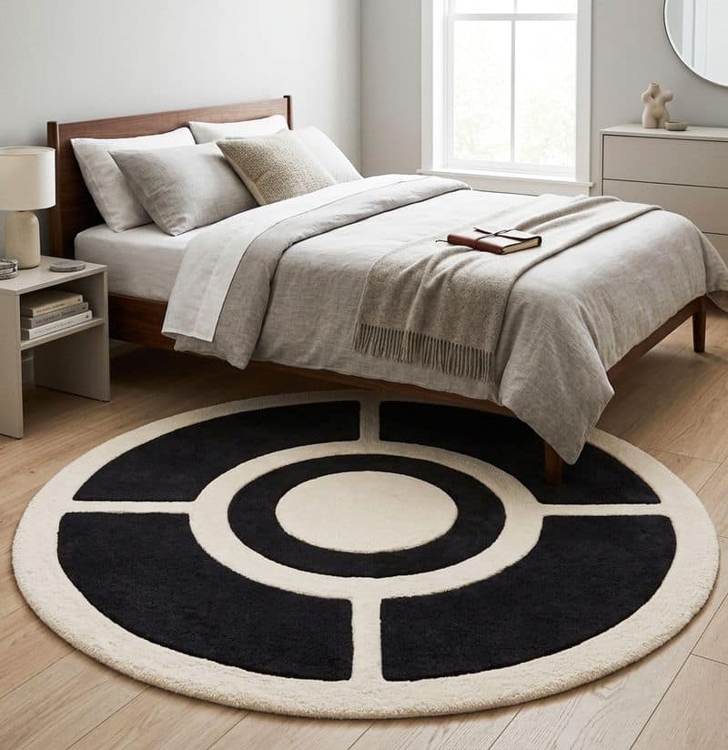 Contemporary Circular Hand Tufted Geometric 6x9 Rug | Black Ivory Modern Living Room Carpet