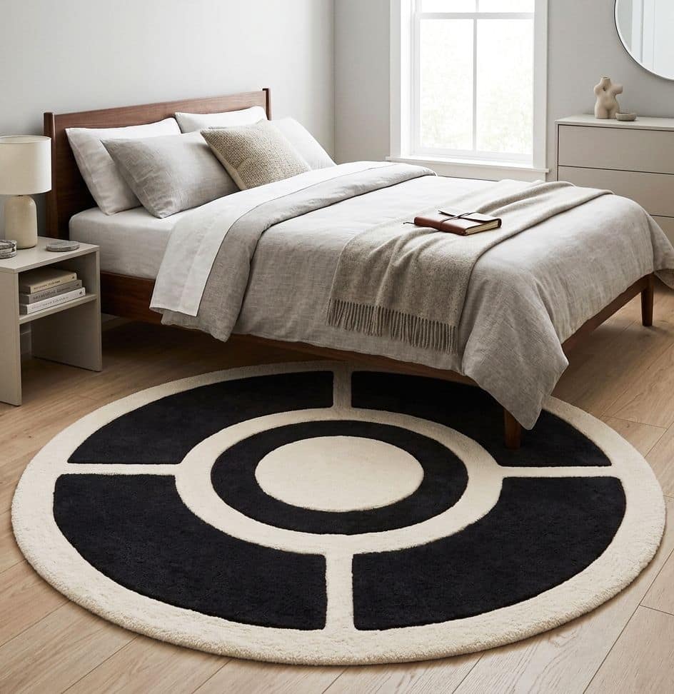 Contemporary Circular Hand Tufted Geometric 6x9 Rug | Black Ivory Modern Living Room Carpet