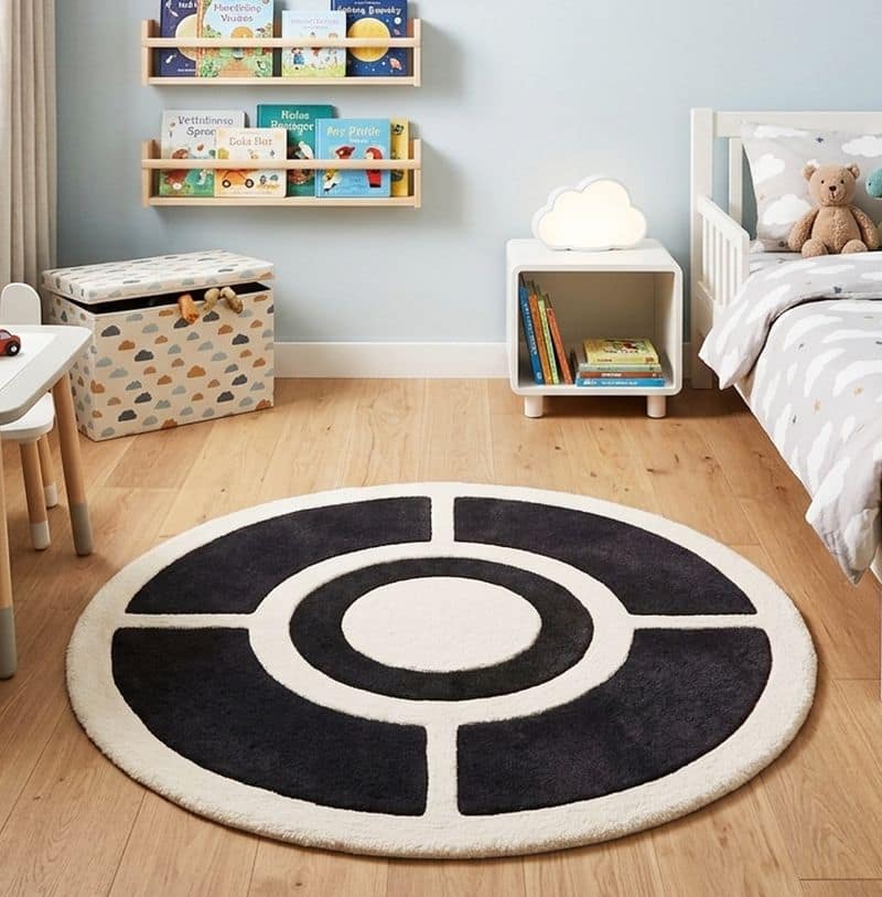 Contemporary Circular Hand Tufted Geometric 6x9 Rug | Black Ivory Modern Living Room Carpet