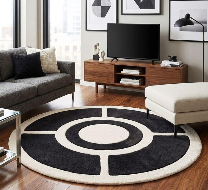 Contemporary Circular Hand Tufted Geometric 6x9 Rug | Black Ivory Modern Living Room Carpet