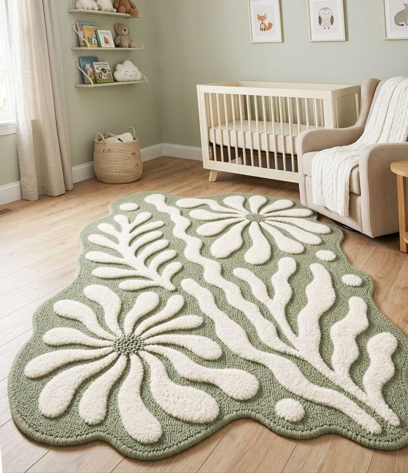 Irregular Sage Green Hand Tufted Rug | Abstract Botanical Wool Carpet | Scandinavian Organic Shape