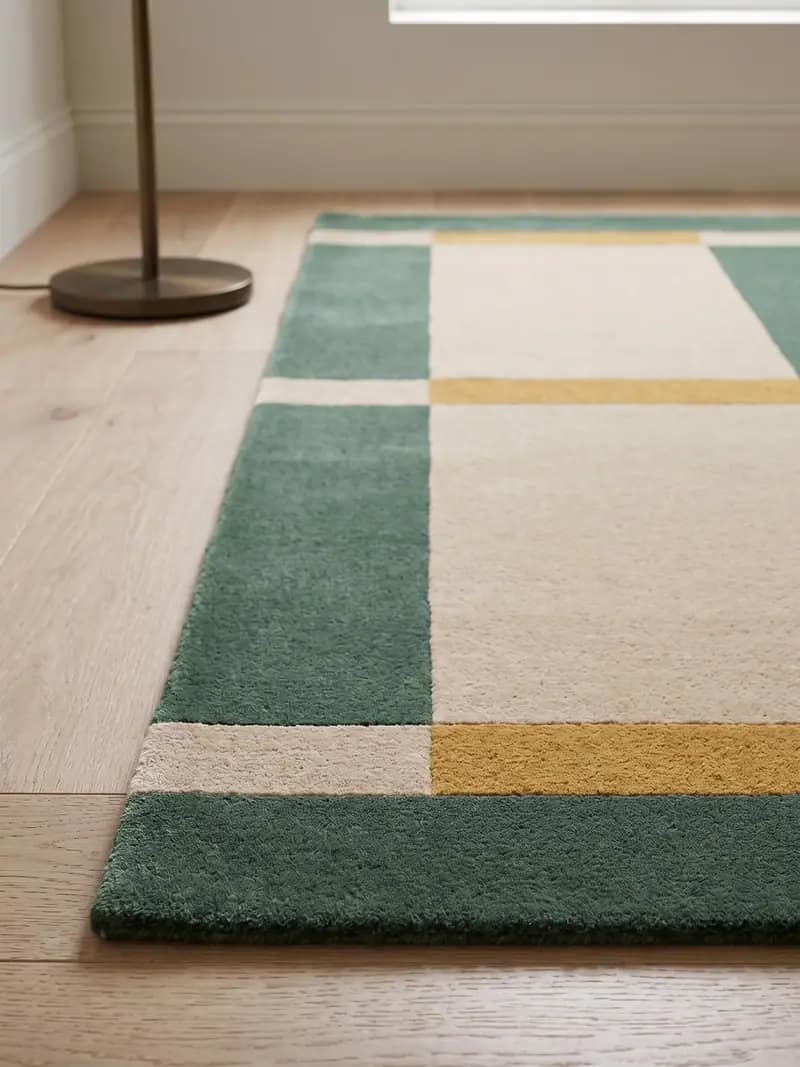Modern Geometric Grid Area Rug - Forest Green, Beige & Ochre