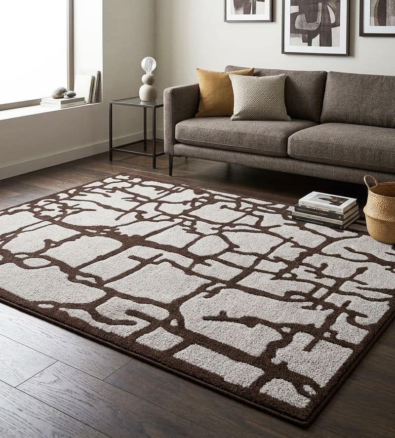 Cracked Stone Tufted 5x8 Area Rug | Brown Grey Abstract Wool Carpet | Artistic Home Decor