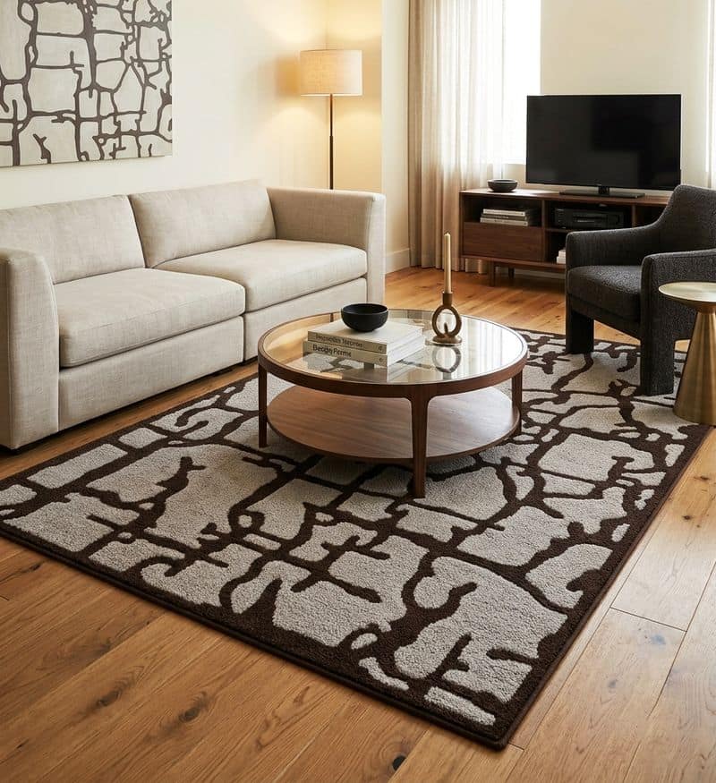 Cracked Stone Tufted 5x8 Area Rug | Brown Grey Abstract Wool Carpet | Artistic Home Decor