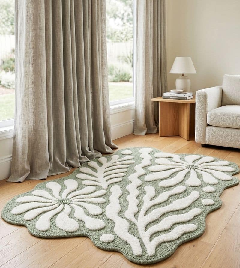 Irregular Sage Green Hand Tufted Rug | Abstract Botanical Wool Carpet | Scandinavian Organic Shape